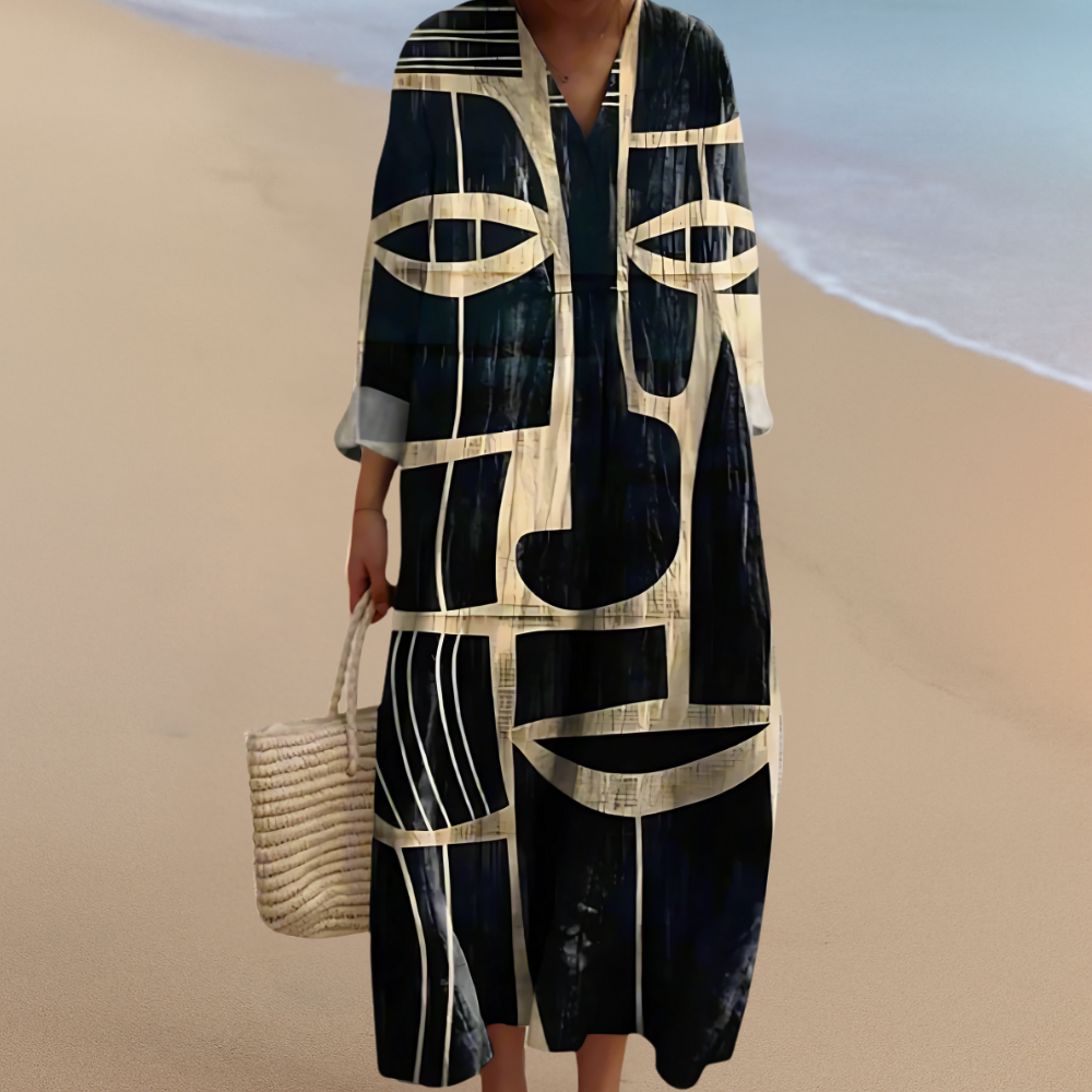 Maxikleid mit Abstraktem Gesichtsprint – Kühne Kunst mit Modernem Touch