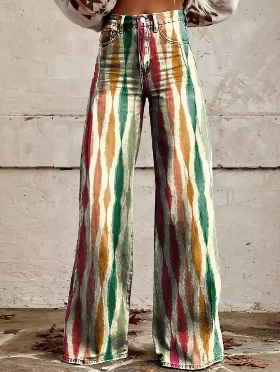 Vintage-Streifen-Wellen-Hose mit weitem Bein – Genießen Sie mühelose Eleganz und Komfort