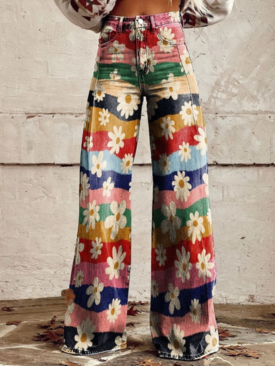 Regenbogen-Gänseblümchen Hose mit weitem Bein – Zeigen Sie Ihr selbstbewusstes Auftreten