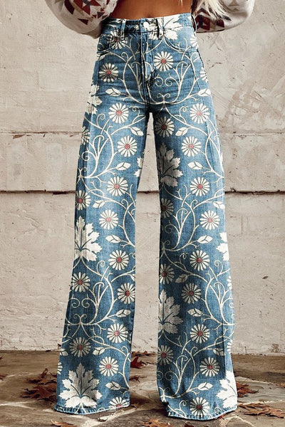 Vintage-Blumenmuster-Hose mit weitem Bein – Genießen Sie mühelose Eleganz