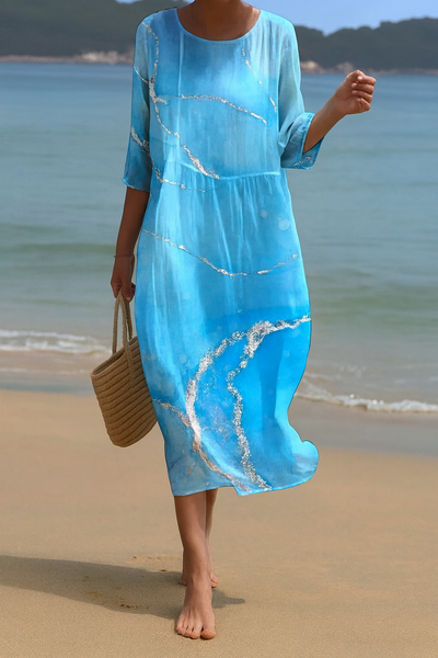 Ocean Print Midi-Kleid – Luftige Eleganz für Tage an der Küste