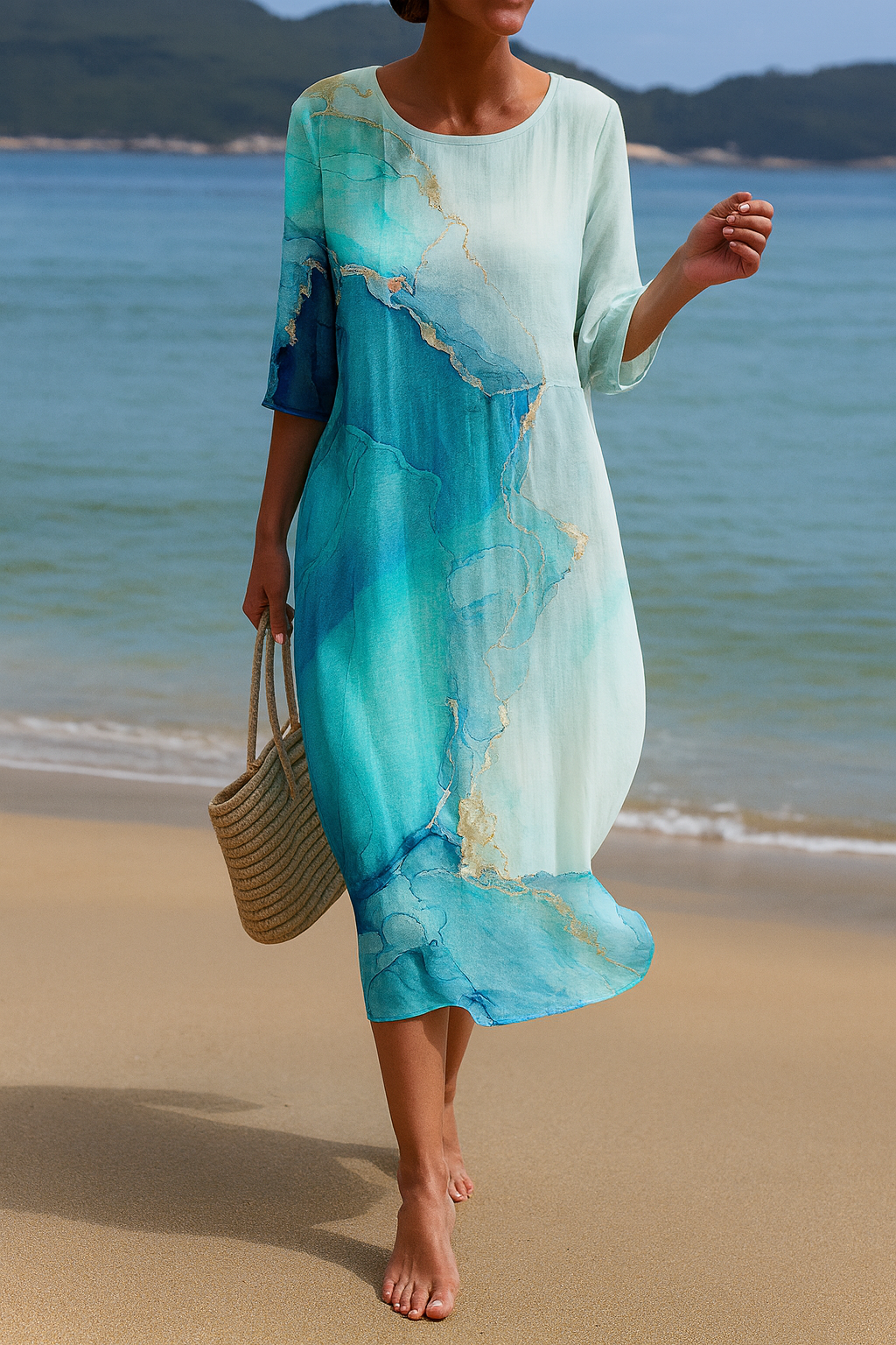 Ocean Print Midi-Kleid – Luftige Eleganz für Tage an der Küste