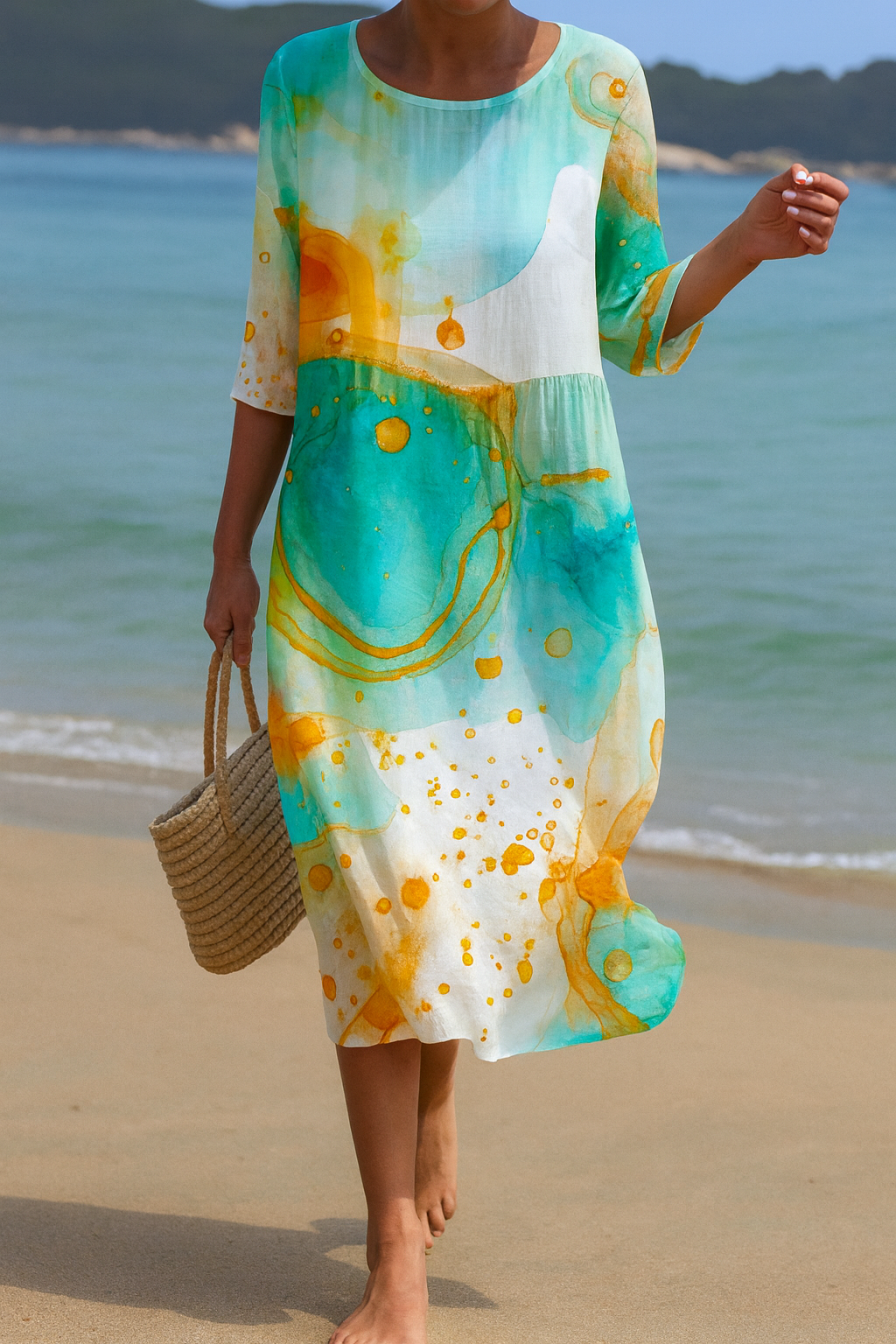 Ocean Print Midi-Kleid – Luftige Eleganz für Tage an der Küste