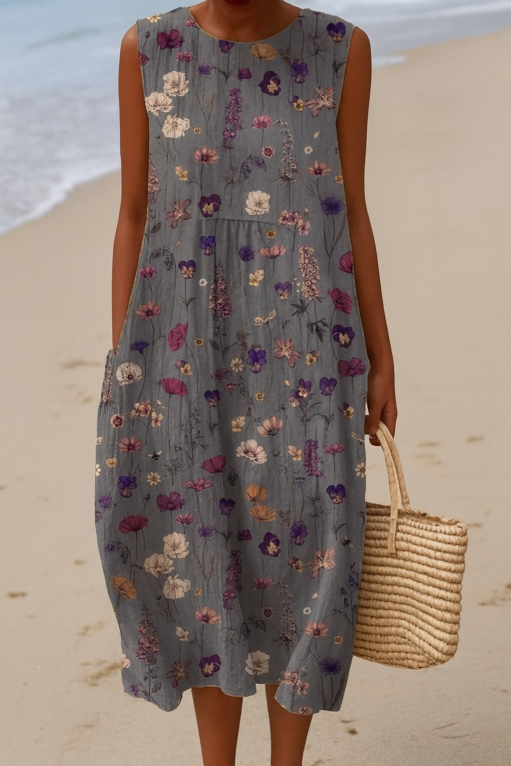 Wildblumen ärmelloses Midikleid – Küstenzauber