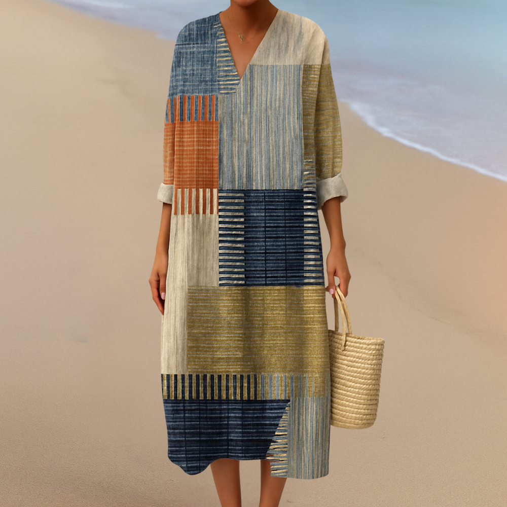 Geometrisches Patchwork-Midikleid – Künstlerische Note mit Entspannter Raffinesse