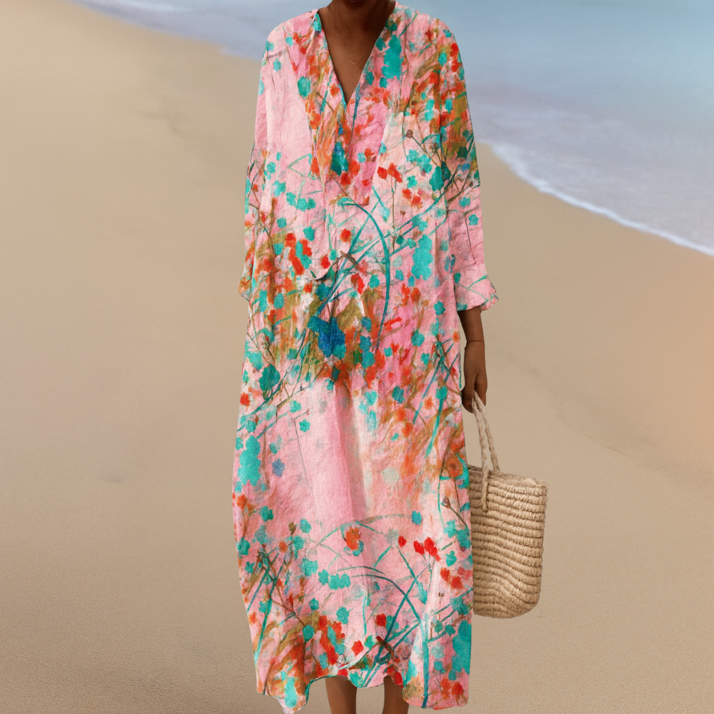 Aquarell-Blumen-Maxikleid – Künstlerische Eleganz mit Traumhaftem Schwung