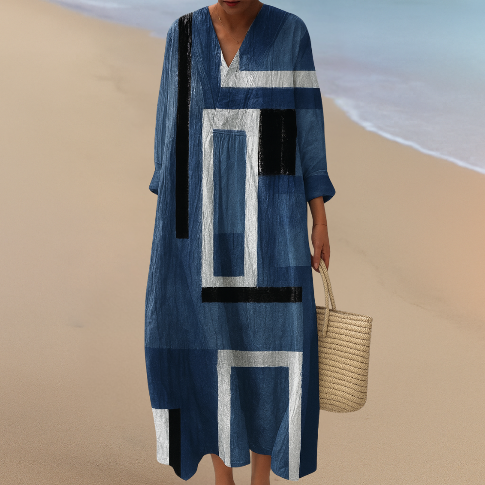 Geometrisches Blaues Maxikleid – Kühne Formen in Bewegung