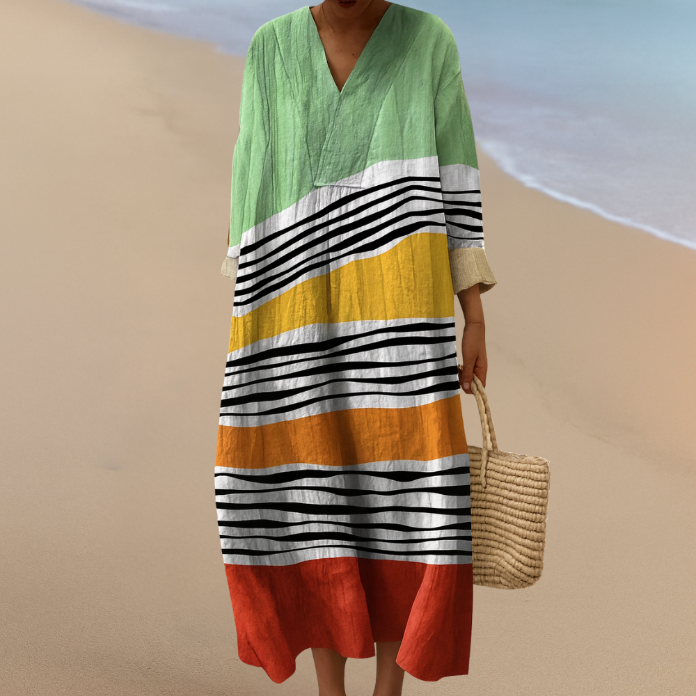Sonnenuntergang-Streifen Maxikleid – Frische Farben mit Verspielten Linien