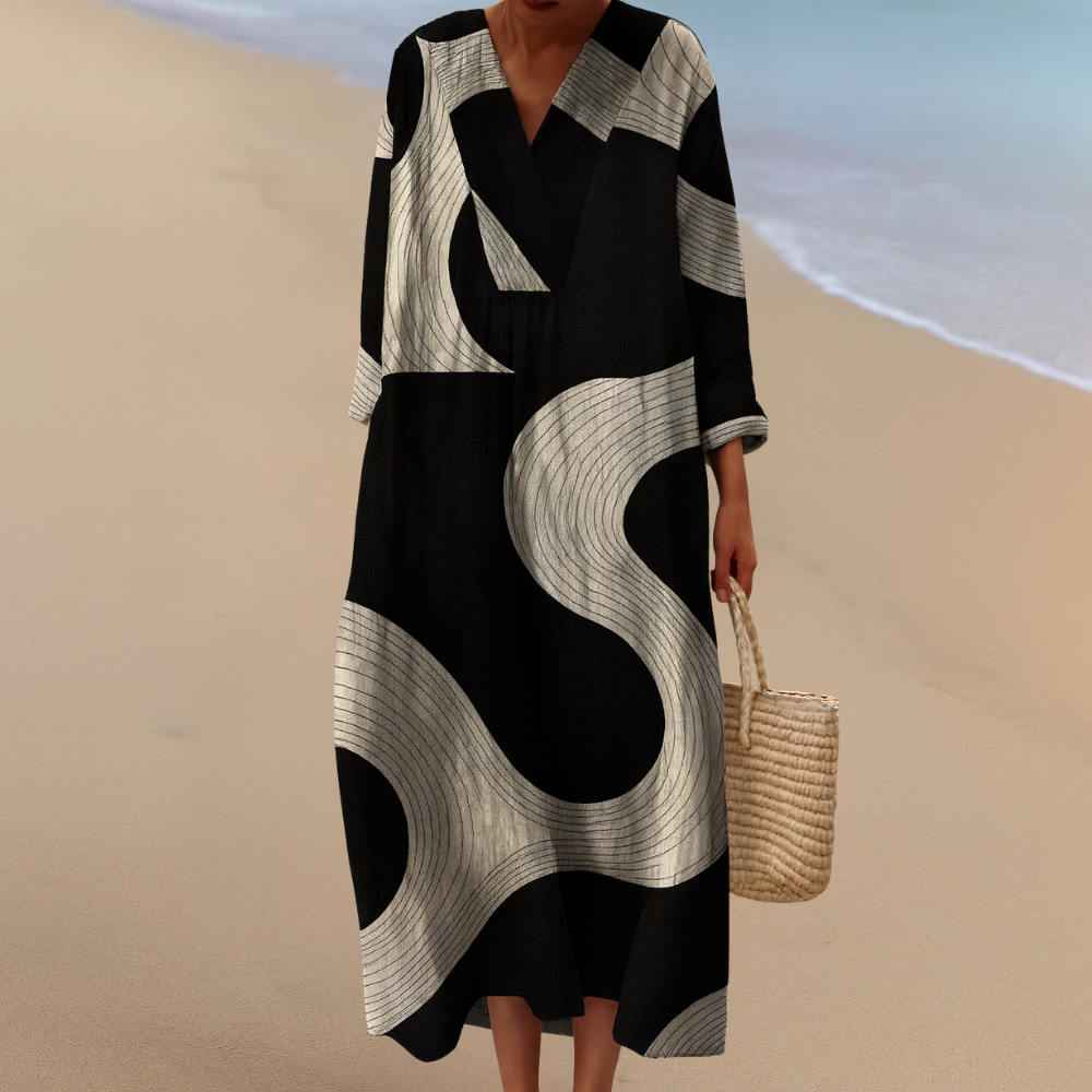 Maxikleid mit Abstraktem Wellenmuster – Moderne Kunst mit Mühelosem Schwung