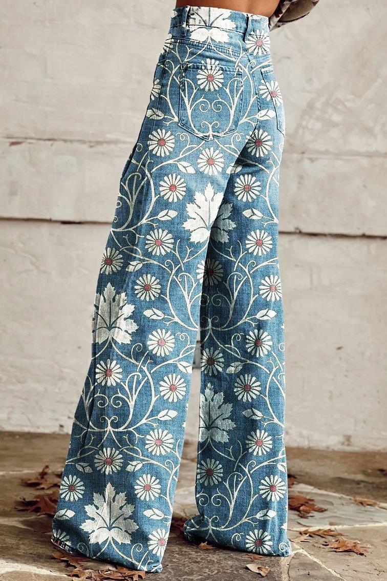 Vintage-Blumenmuster-Hose mit weitem Bein – Genießen Sie mühelose Eleganz