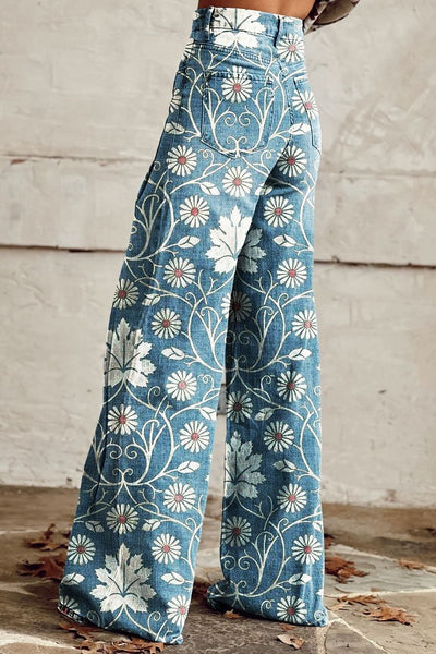 Vintage-Blumenmuster-Hose mit weitem Bein – Genießen Sie mühelose Eleganz