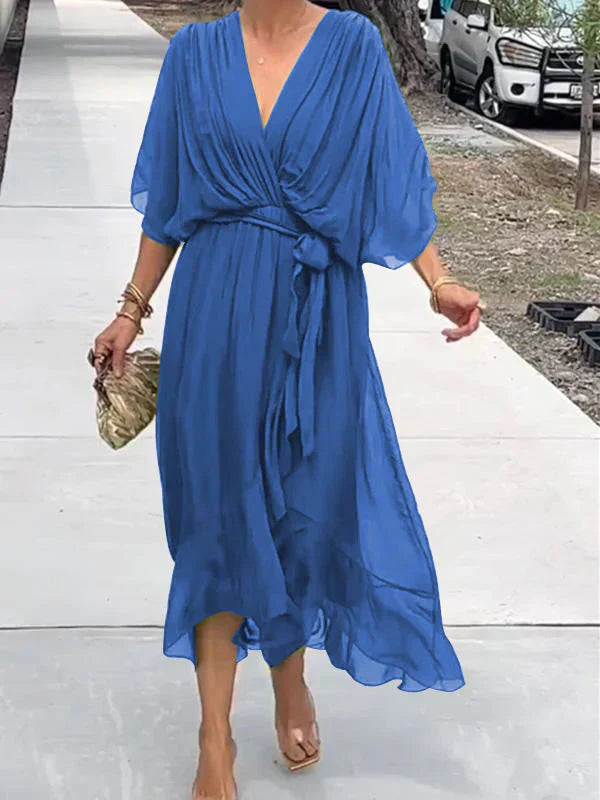 Maxikleid mit V-Ausschnitt und Gürtel – mühelose Eleganz für jeden Anlass