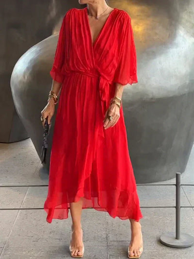 Maxikleid mit V-Ausschnitt und Gürtel – mühelose Eleganz für jeden Anlass