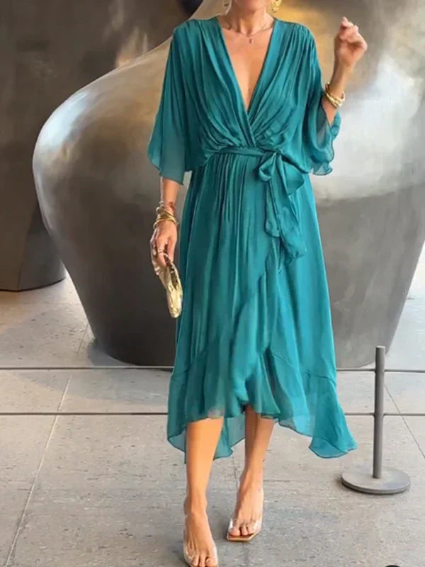 Maxikleid mit V-Ausschnitt und Gürtel – mühelose Eleganz für jeden Anlass