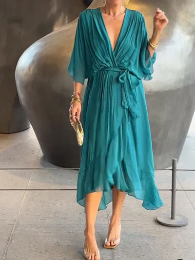 Maxikleid mit V-Ausschnitt und Gürtel – mühelose Eleganz für jeden Anlass